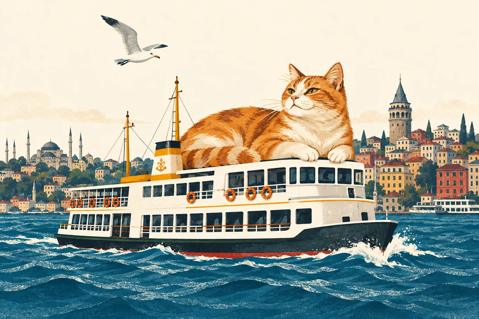 A giant orange cat rides an Istanbul ferry, with Galata Tower, the city skyline, and a seagull behind it.